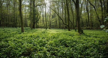 Fototapeta premium Tranquil woodland expanse showing dense clover and filtered sunshine