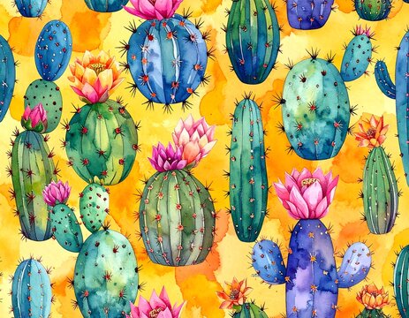 Vivid, colorful watercolor cactus pattern with blooming pink flowers on a sunny yellow-orange background