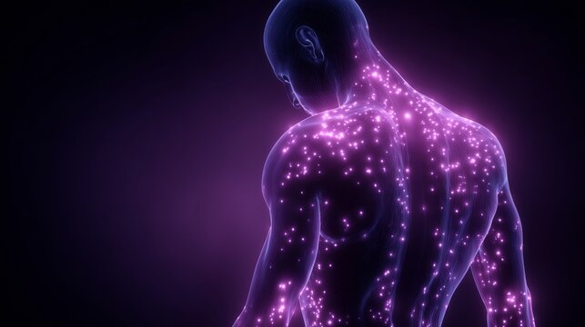 Representation of fibromyalgia and chronic pain showing a body with glowing points and highlighting symptoms of invisible illnesses