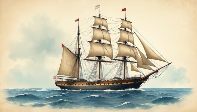 Old sailing ship with full sails on blue ocean waves. Vintage illustration shows historical maritime vessel navigating sea under cloudy sky. Nautical adventure travel concept.