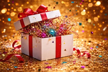 Obraz premium Festive celebration backdrop with open white gift box filled with colorful tinsel and confetti on a gold surface