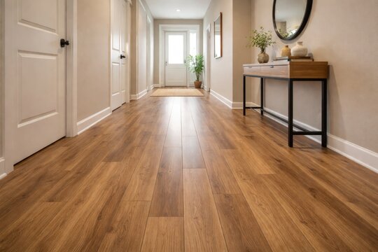 Residential hallway with smooth new laminate flooring highlighting neat wooden plank arrangement