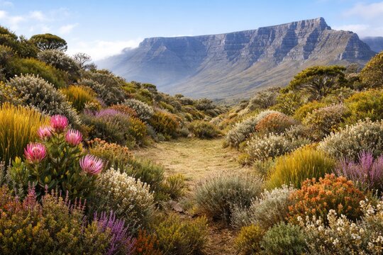 Diverse fynbos plant life on Table Mountain with clear copyspace area