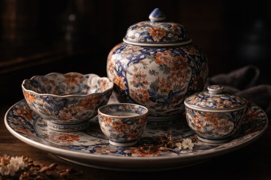 Traditional Japanese antique imari ware elegantly displayed on a ceramic plate captured in soft focus with a dark setting