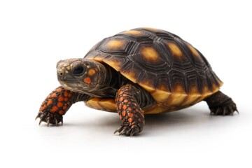 Fototapeta premium Young red footed tortoise pet exploring on white background