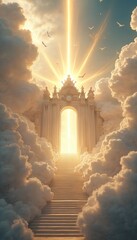 Fototapeta premium Majestic white gate stands in clouds with bright sunbeam from above. Stairs lead up to portal. Birds fly in sky. Divine heavenly entrance beckons.