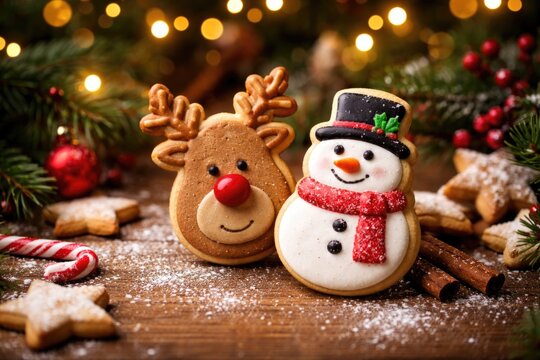 Christmas card design with selective focus on Rudolf and snowman cookies on a holiday backdrop with copy space