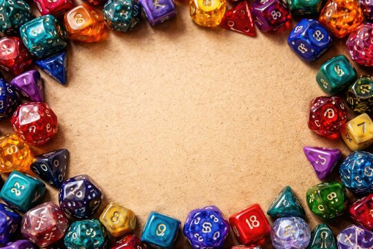 Multicolored gaming dice spread on textured cardboard background with copy space