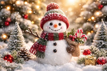 Obraz premium Charming snowman decoration placed on a bright holiday backdrop