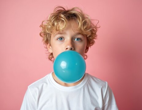 Blond boy inflates big blue bubble gum ball. Youngster wears white t-shirt, poses against pink backdrop. Child has fun making huge balloon, bright pastel colors.