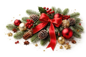 Obraz premium Traditional Christmas decorations arranged on plain white backdrop