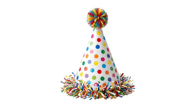 Colorful polka dot party hat with pompom and fringe isolated PNG, fun celebration headwear for birthday or festive event on transparent background
