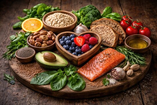 Vintage wooden board presentation of foods promoting cardiovascular health and low cholesterol