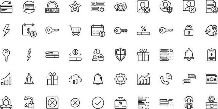 Business finance and user account outline icon set with payments security premium services and digital transaction symbols for applications