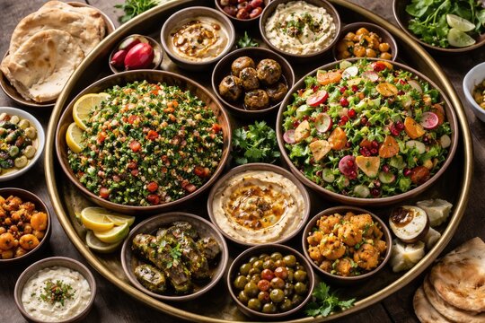 High perspective on a Lebanese mezze platter with tabbouleh and fattoush salads