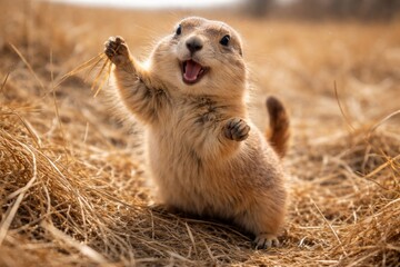 Fototapeta premium Happy pet prairie dog playing on dry grass field
