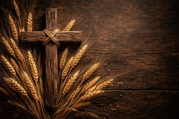 Fototapeta premium Rustic wooden cross enclosed by ripe wheat stalks over a dark wood textured backdrop with copy space