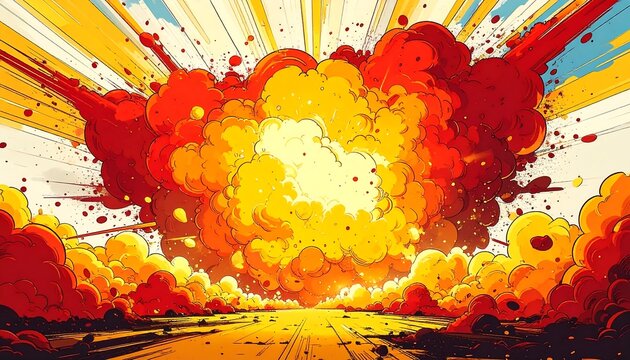 A vibrant illustration depicts a massive explosion with orange, yellow, and red hues. The dynamic scene explodes outwards from a central point