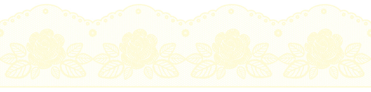 Seamless vector pattern of lace ribbon on mesh fabric with rose flowers and leaves. Delicate decorative lace trim with an elegant ribbon ornament. Vintage style pattern suitable for fabrics, lingerie 