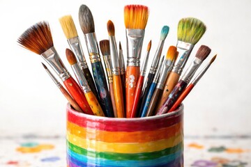 Fototapeta premium Varied paintbrushes set inside a lively multicolor striped container with white background