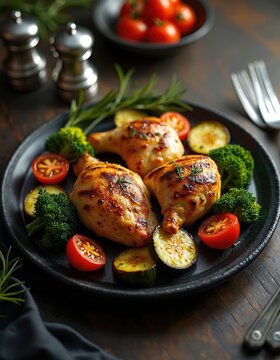 Three grilled chicken legs with broccoli cherry tomatoes and zucchini on a dark plate. Served with rosemary and spices. Delicious food for lunch or dinner meal.