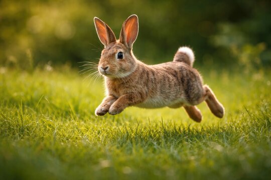 Joyful rabbit bounding through fresh summer grass with blurred natural background in full length view