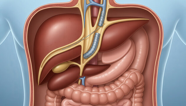 Detailed medical illustration of percutaneous transhepatic biliary stenting procedure. The diagram shows the liver, intrahepatic bile ducts, gallbladder, stomach, and duodenum