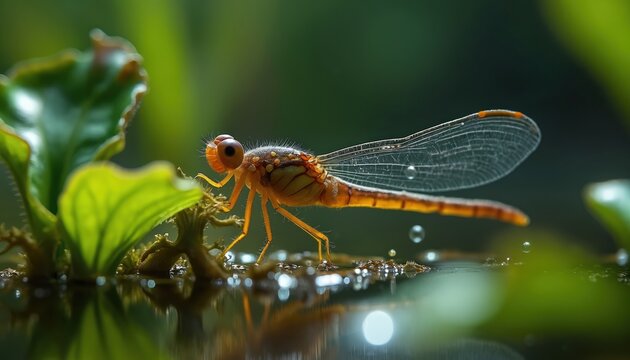 Macro shot of orange dragonfly larva on green water plant surface. Insect body segment detail, transparent wings, big compound eyes. Aquatic insect life, clear water ripples, submerged vegetation.