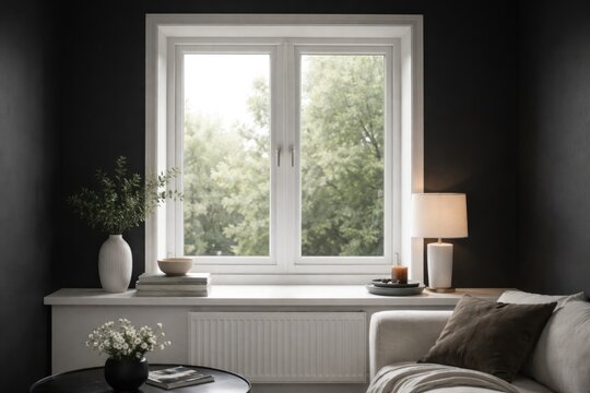 modern room interior featuring a white window sill against a matte black wall