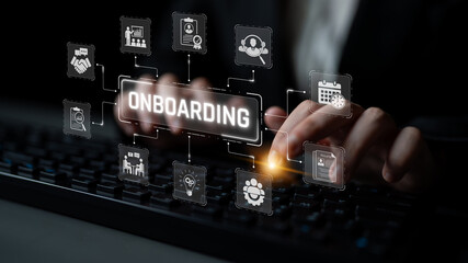 Fototapeta premium Hands Typing on Keyboard with Onboarding Workflow Icons and Graphic Elements Representing Employee Integration Process in Business Environment Sigmoid