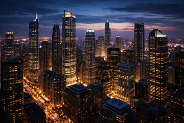 Obraz premium Modern cityscape view with skyscrapers and glowing windows