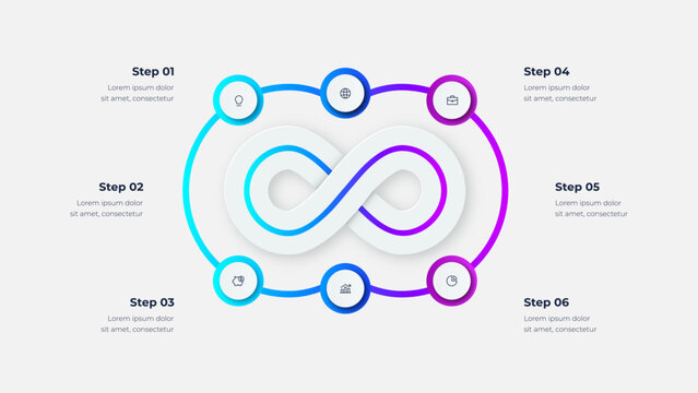 Six step infinity loop process infographic with circular elements