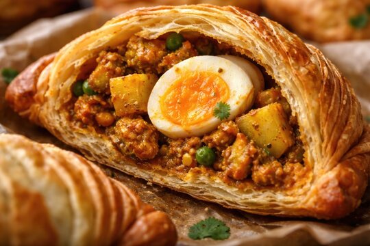 Close view of a delicious curry puff stuffed with curried chicken egg and potatoes