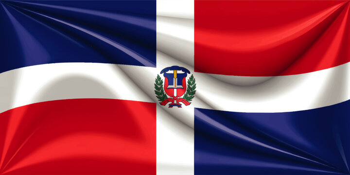 Waving Dominican Republic Flag Background with National Coat of Arms, Red Blue and White Fabric Texture for Patriotic Design