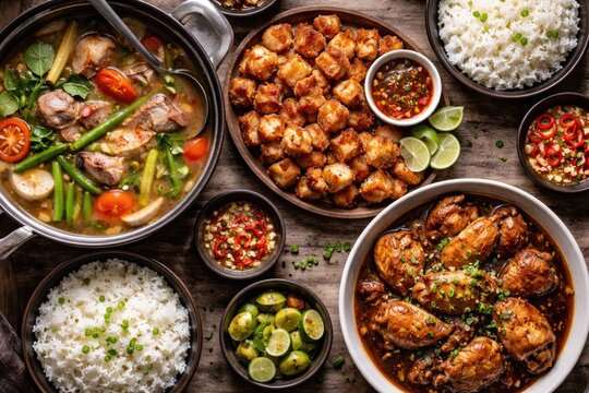 Top perspective of a Filipino meal including savory sinigang crispy lechon kawali and rich chicken adobo