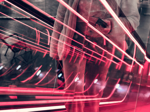 Abstract Double Exposure of a Woman on an Escalator