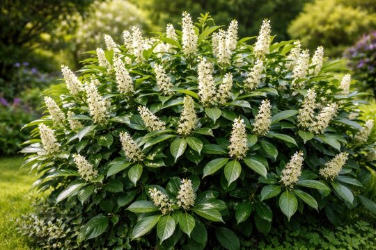 Detailed image showing cherry laurel shrub covered in blossoms and rich green leaves in an outdoor garden