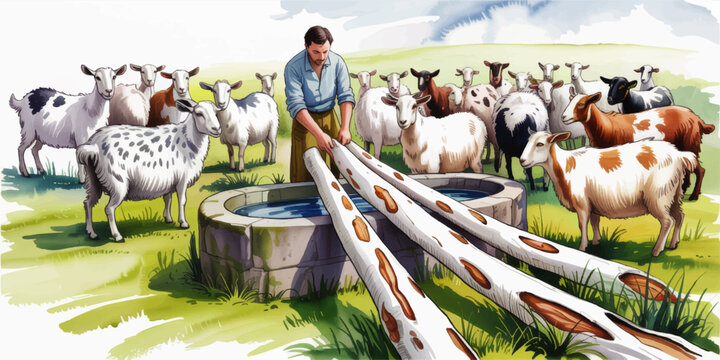 Watercolor farm illustration of goat herder leading spotted goats to stone troughs in sunny pasture landscape