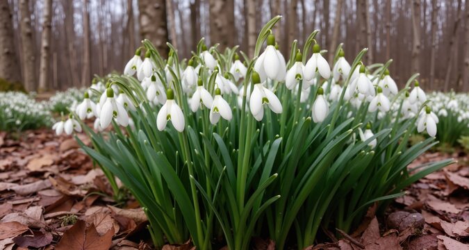 Galanthus nivalis or common snowdrop - blooming white flowers in early spring in the forest, closeup
