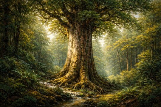 Oil painting of a majestic kauri tree in vibrant forest landscape