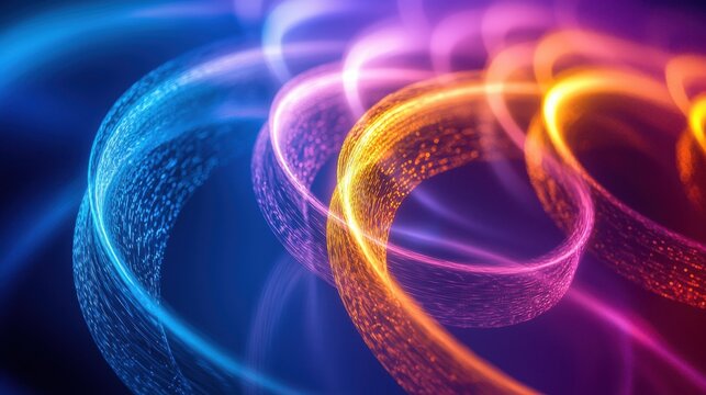 Interference laser rings luminous curved bands blue magenta orange golden wavelengths flowing motion energy gradient background purple digital abstract technology science