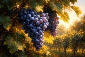 Naklejka premium Detailed oil painting featuring blue grapes illuminated by warm sunlight against flourishing grapevines