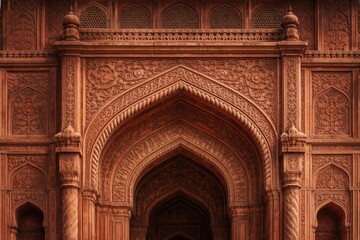 Obraz premium Intricate historic Mughal architecture showcasing red sandstone chevron carvings