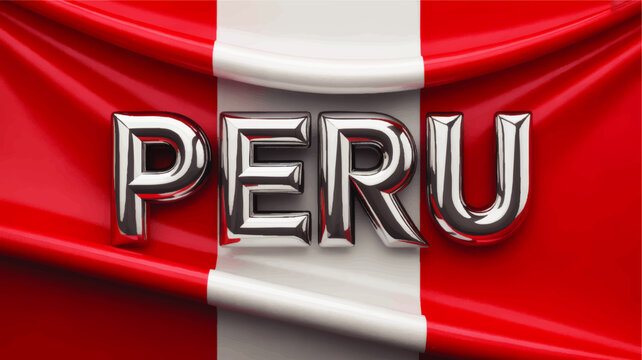 Peru Flag Background with Glossy Red White Fabric Folds and Metallic Peru Text, Patriotic National Banner Illustration