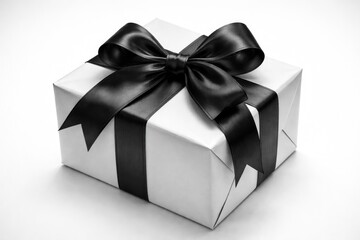 Fototapeta premium Detailed image of a black and white holiday gift box tied with a festive bow against white backdrop