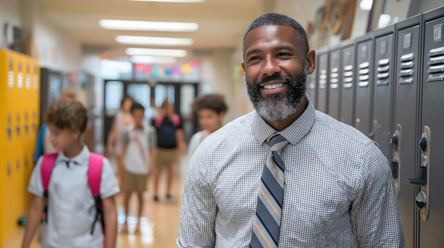 The headmaster of a high school supervises the students during recess.