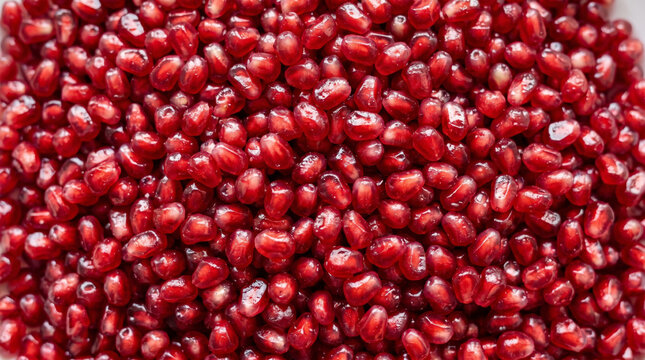 A textured background of glistening red pomegranate seeds, highlighting their juicy and ripe appearance.