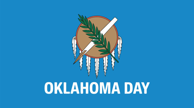  oklahoma day poster with state emblem inspired illustration and bold typography on blue background cultural celebration design for usa heritage event concept clean vector style