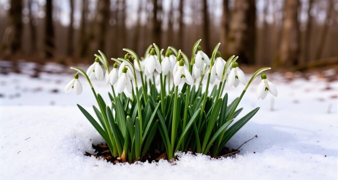 Close up of white spring snowdrop flowers growing in the snow, blurry forest  background 
