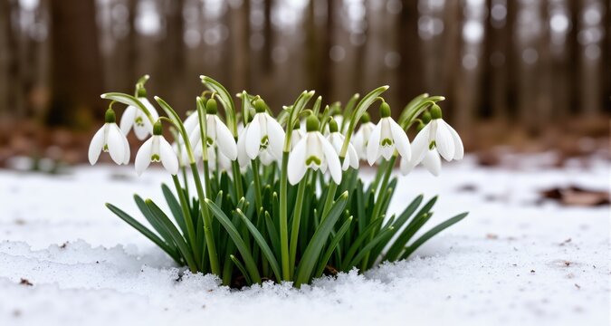 Close up of white spring snowdrop flowers growing in the snow, blurry forest  background 
